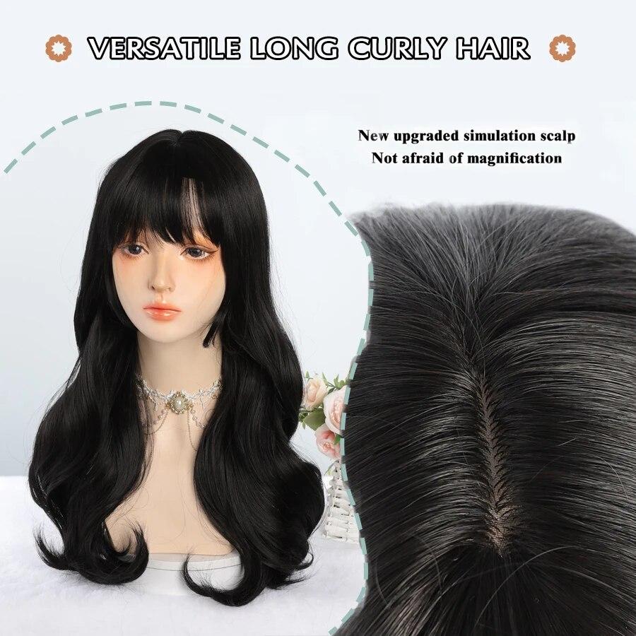 Synthetic Natural Black Wigs Long Wavy Wig for Women with Bangs Halloween Party Daily Heat Resistant Fibre Hair Wigs