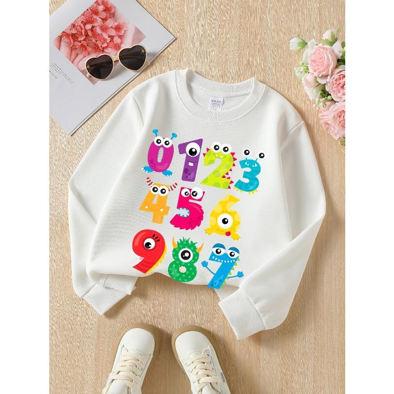 European Sizes Colorful Monster Numbers Fun Learning Girls' Crew Neck Fashion Sweatshirt, Autumn Winter Western Top, Long Sleeved Casual.