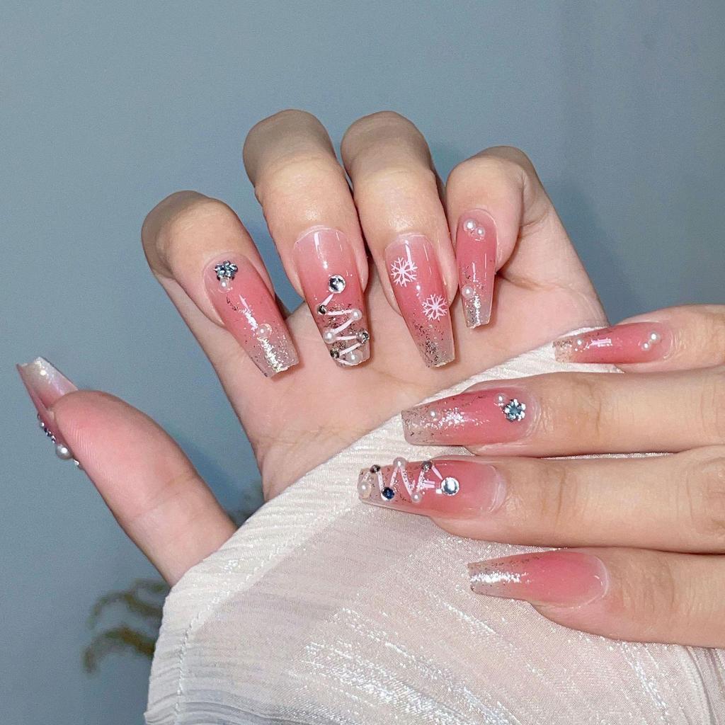 Festive Blush Snowflake Glitter Nails - Christmas & New Year Stickers