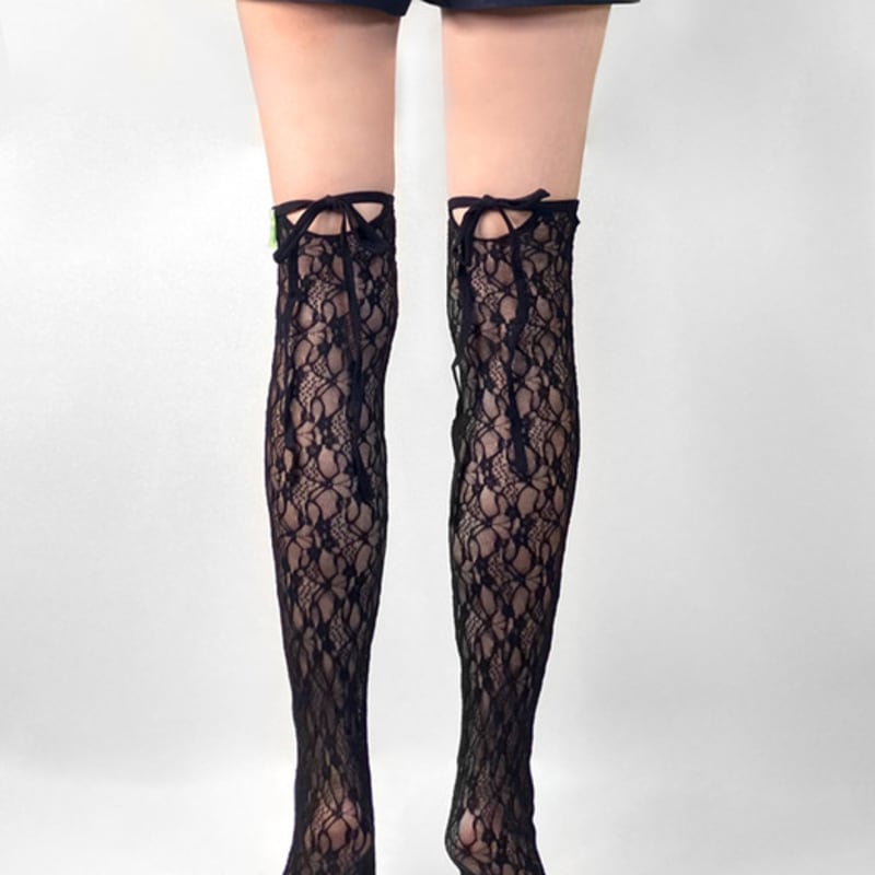 Romantic tiger lace tied ribbon knee high stockings (black)