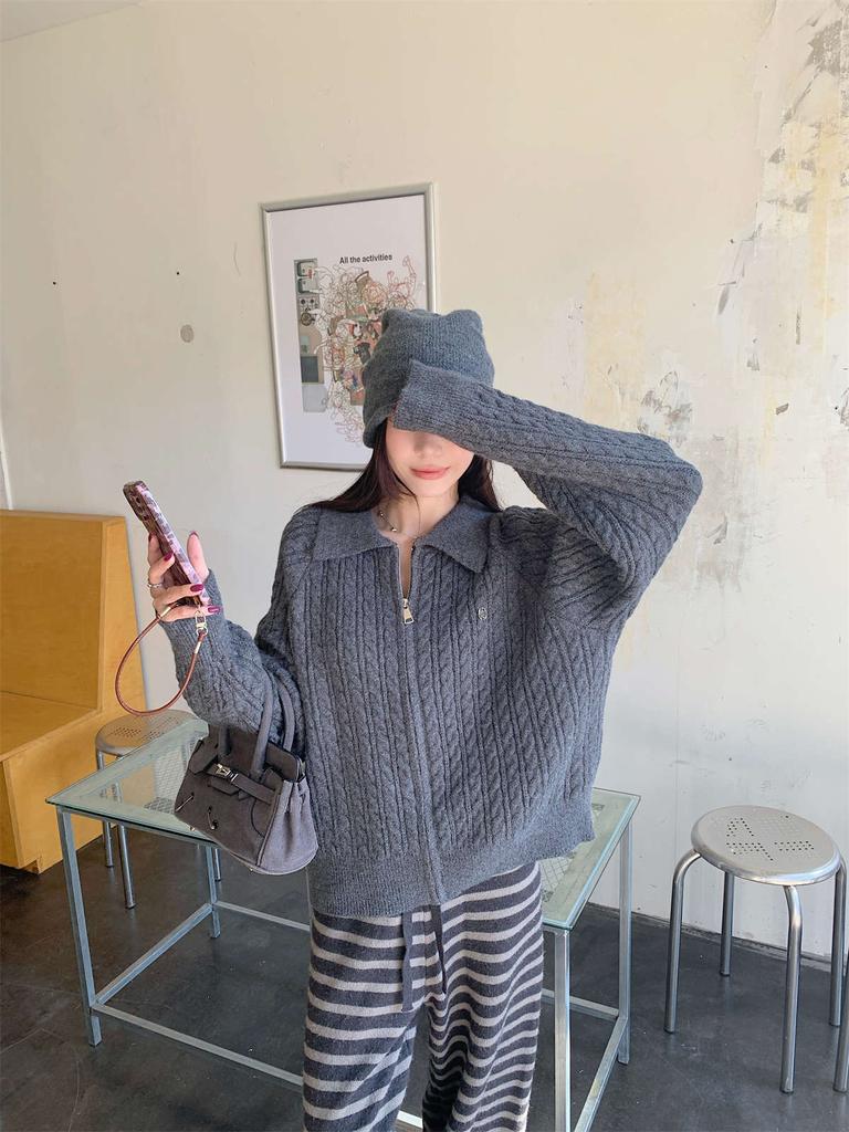 Vintage olo lapel twist zipper sweater cardigan women's autumn and winter college style long-sleeved top jacket