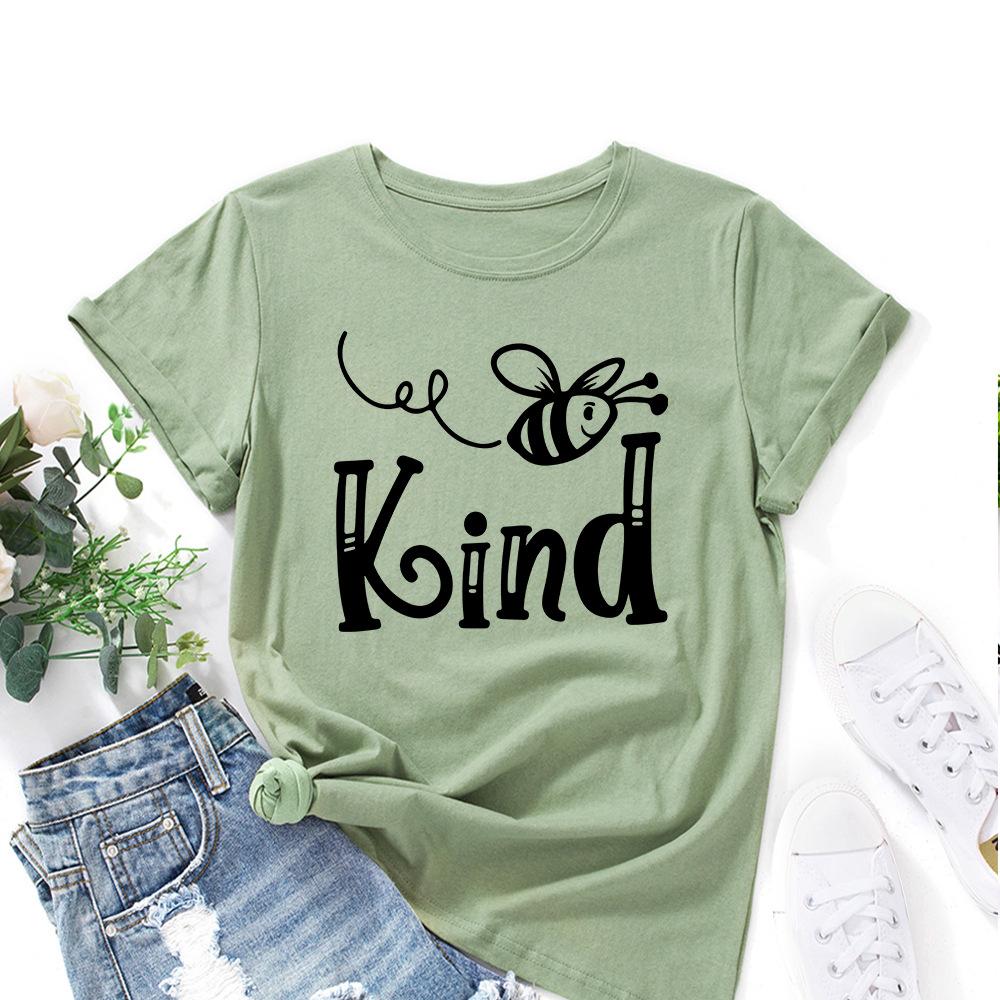 Bee Kind Pattern Cotton T-Shirt Short Sleeve Round Neck Women 2d Print Tops