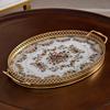 Floral Tray with Metal Frame Decorative Oval Serving Gold for Home