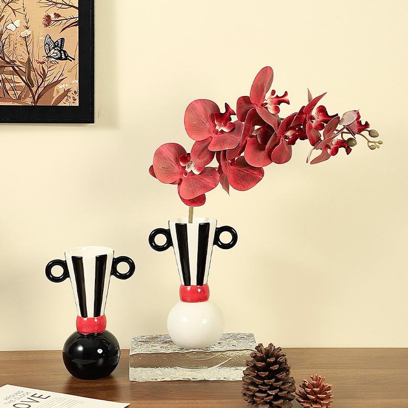 Ceramic Vase Geometric Binaural Stripes Flower Vase Black and White Vertical Stripes Terrarium Home Decoration Accessories