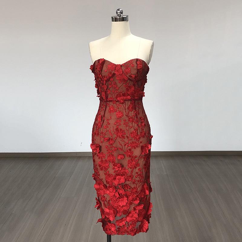 

White Lace Strapless Floral Embroidered Slim Fit Evening Gown for Women Small