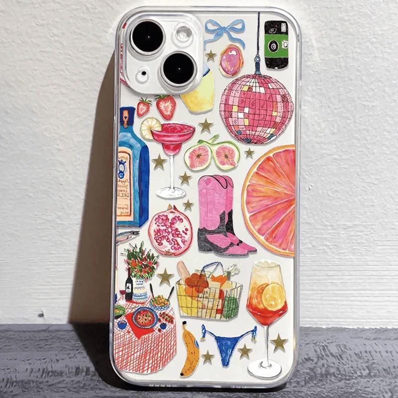 Hot selling Clear Case for iPhone 16 12 13 mini 11 14 15 Pro Max XR 7 8 Plus Disco Ball Cocktail Fruit Soft Silicone Cover