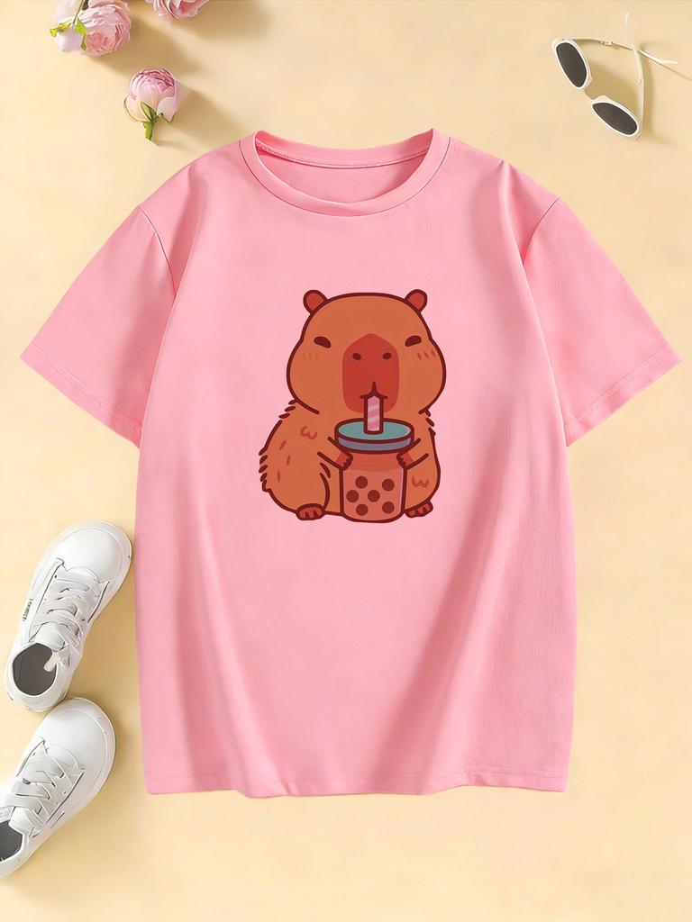 Süße Capybara-Grafik-T-Shirts für Mädchen mit Milchtee, Kinder-T-Shirt für Jungen und Mädchen, Sommer, Frühling, Lässiges Oberteil, T-Shirt