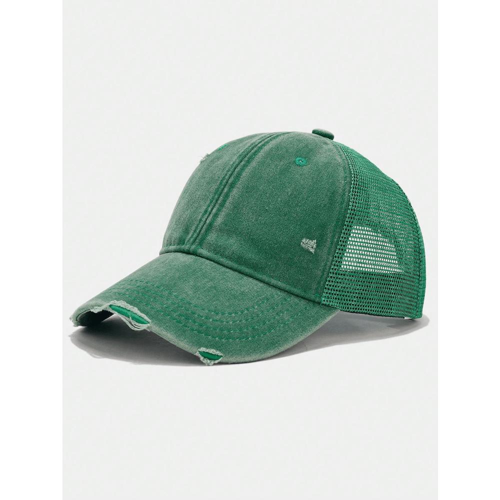 1pc Solid Distressed Perforated Mesh Washed Baseball Cap, Breathable Sun Protection Accessory For Spring/Summer