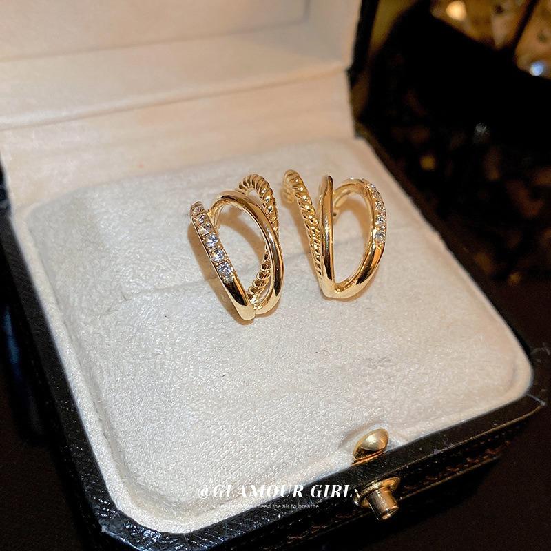 Real gold electroplated silver needle zircon multi-layer C-shaped earrings French niche versatile earrings fashion temperament light luxury earrings