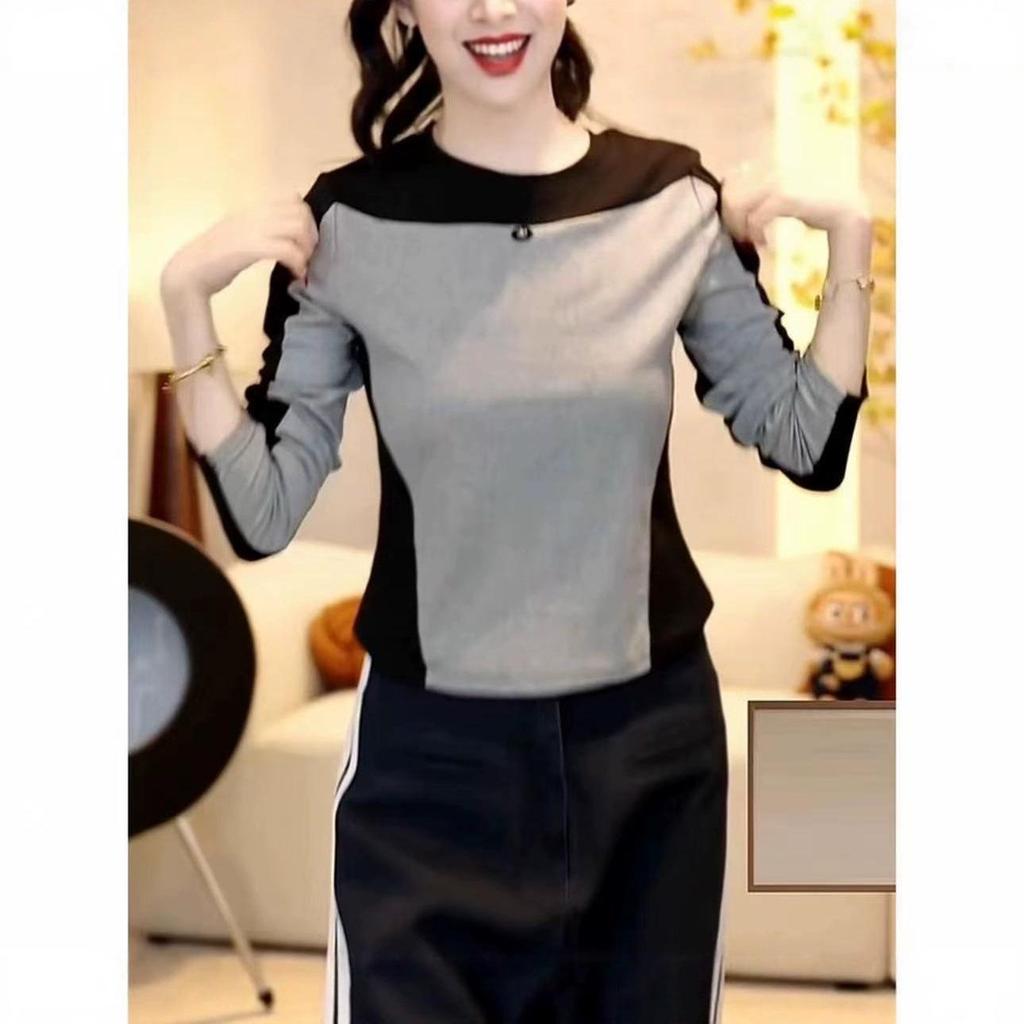 Autumn/Winter 2025 Women's Colorblock Slim Fit Long Sleeve T-Shirt