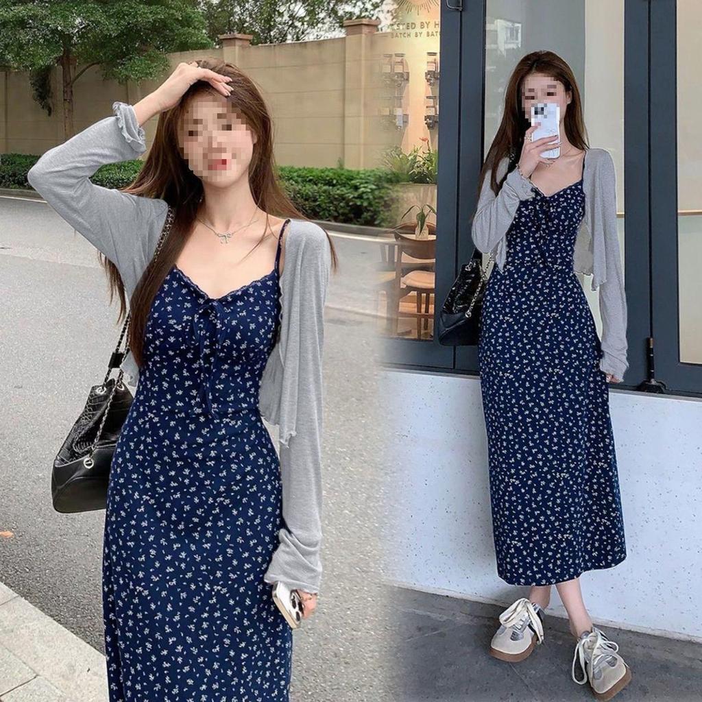 Gentle Forest-Inspired Floral Camisole Dress with Lace-up Long Skirt & Long Sleeve Cropped Cardigan Set for Women