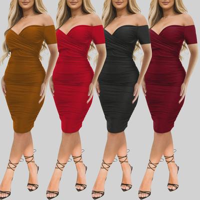 OS6984 Women's One-Shoulder Short-Sleeved Midi Dress for Nightclubs In Summer