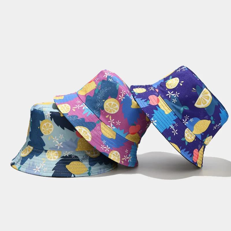 Summer Fruit Print Double-Sided Wearing Bucket Hats For Women Men Colorful Pineapple Lemon Panama Fisherman Caps Outdoor Sun Hat