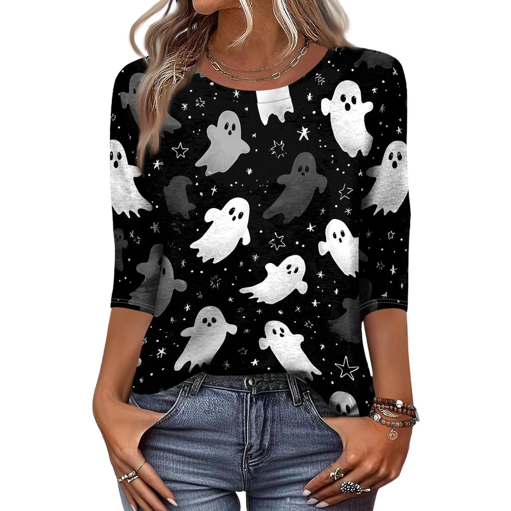 Women's Casual Round Neck Three Quarter Sleeve Halloween Print T Shirt Top Lightweight Soft Fabric Comfortable Fit