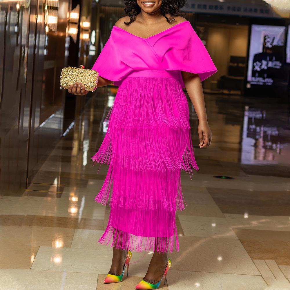 Women's V-Neck Off-the-Shoulder Tassel Evening Dress - European & American Summer Fashion