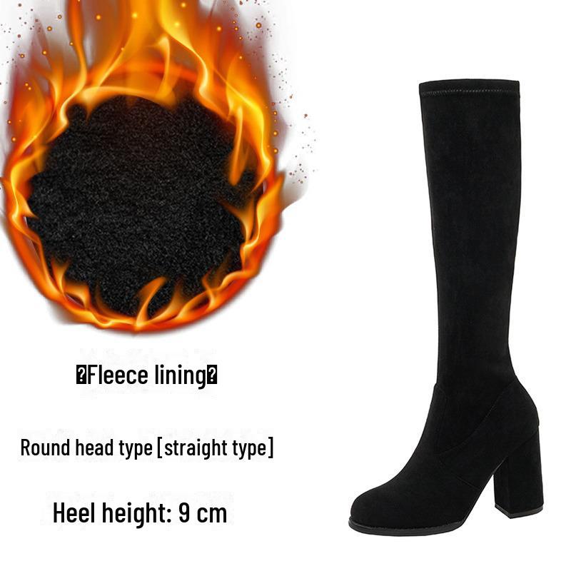 Knielange Stiefel aus elastischem Wildleder mit hohen Absätzen für Damen - Herbst/Winter 2024 Lange Stiefel mit runder Spitze