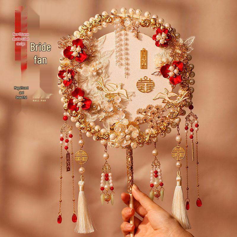 

Handmade Double Circle Xiuhe Wedding Fan in Champagne: Chinese-Style Bride Fan Kit