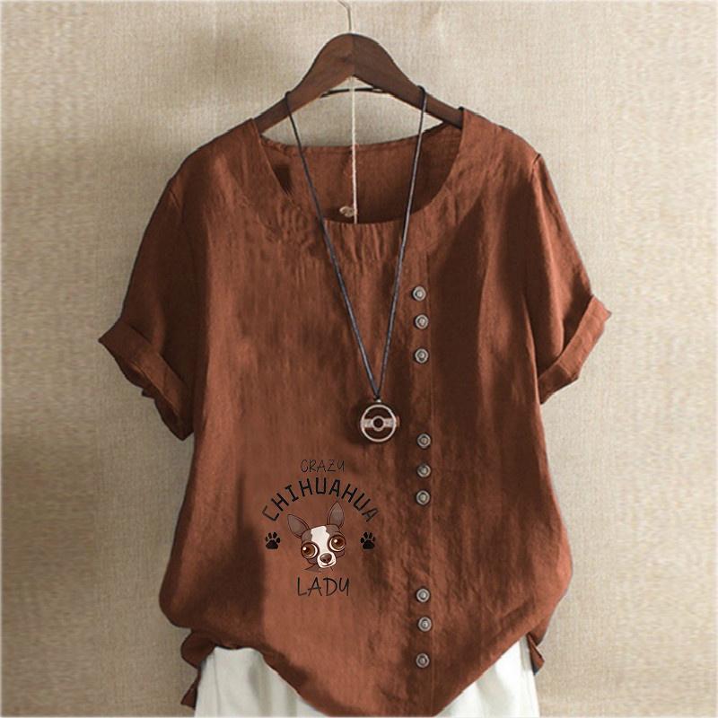 Women's Fashion Round Neck Short Sleeve T-shirt Casual Cotton Linen Graphic Shirt Leisure Loose Dog Prined Summer Blouse Tops