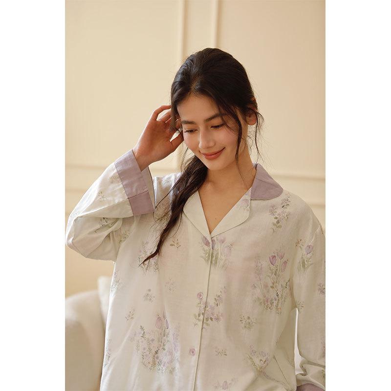2025 Purple Tulip Print Cotton Double Gauze Loungewear Lapel Long Sleeve Trousers Comfortable Pajama Set Loose Elegant 2 Piece