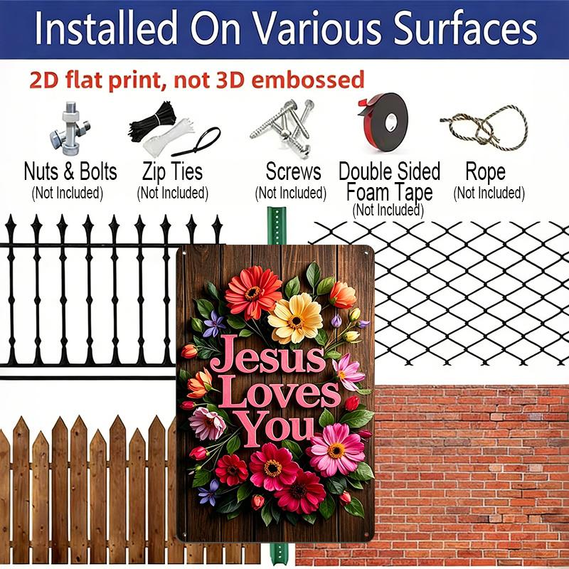 2D Flat 1pc "Jesus Loves You" Floral Metal Sign 7.87x11.81inch - Aluminum Christian Religious Decor for Home, Garden, Porch, Church - Durable