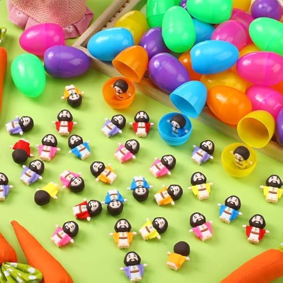 24 Pcs Easter Eggs Filled with Jesus Figurine Plastic Easter Colorful Eggs Religious Jesus Easter Basket Stuffers Party Favors