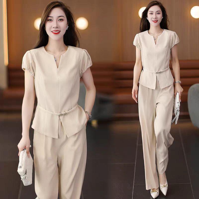 

Stylish 2026 Women s Summer Suit: Waist-Cinching Top & Wide-Leg Pants Two-Piece Set XL 115-130 lbs