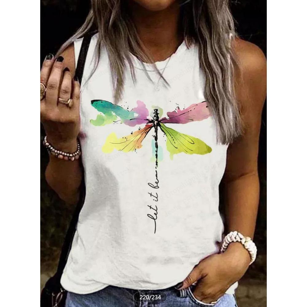 Butterfly Print Tank Tops Women's Fashion Sleeveless Vest Sexy Casual Vintage Tank Tops Casual Crew Neck Top Womens Clothing New
