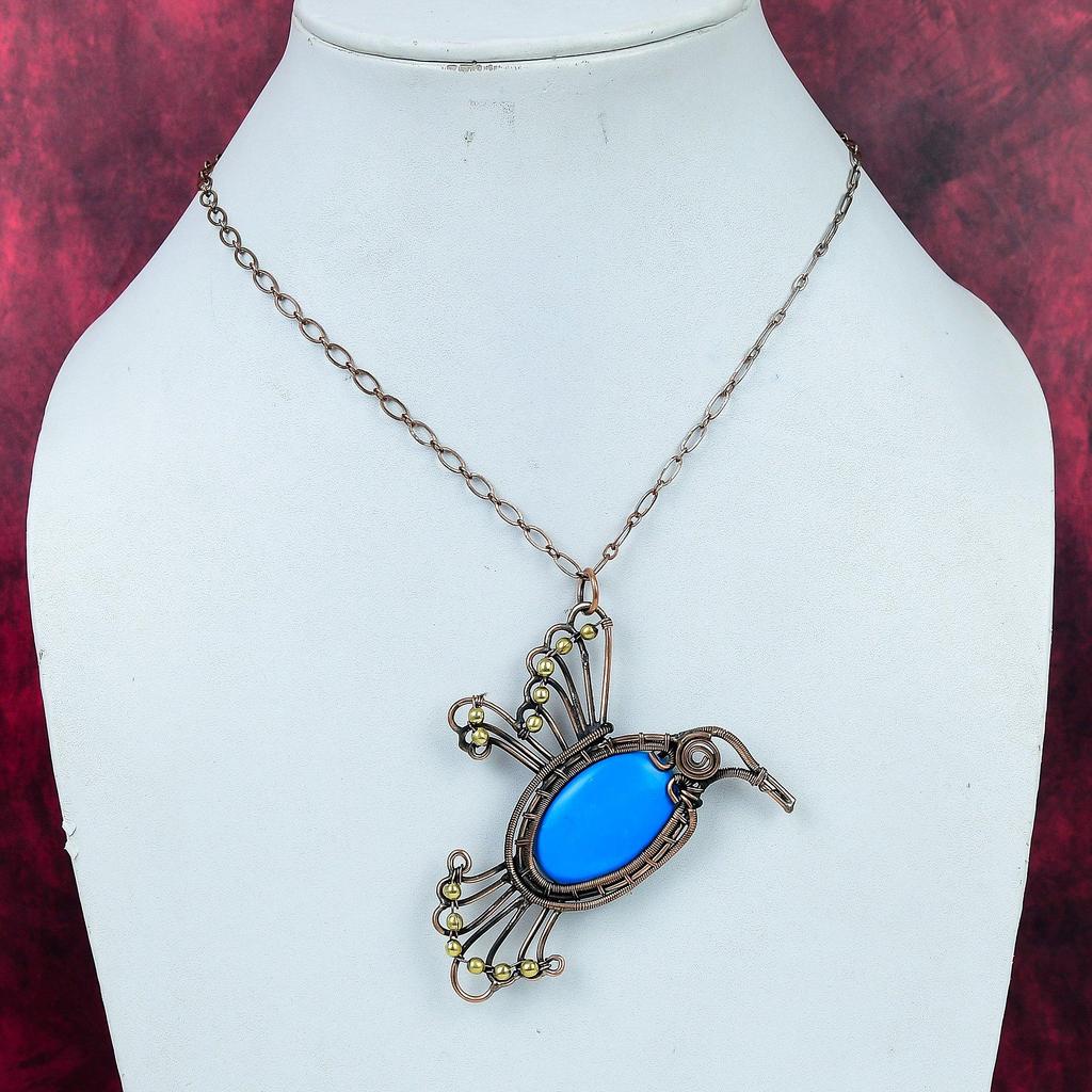 Sleeping Beauty Turquoise And Bird Pendant Copper Wire Wrapped Gemstone Pendant