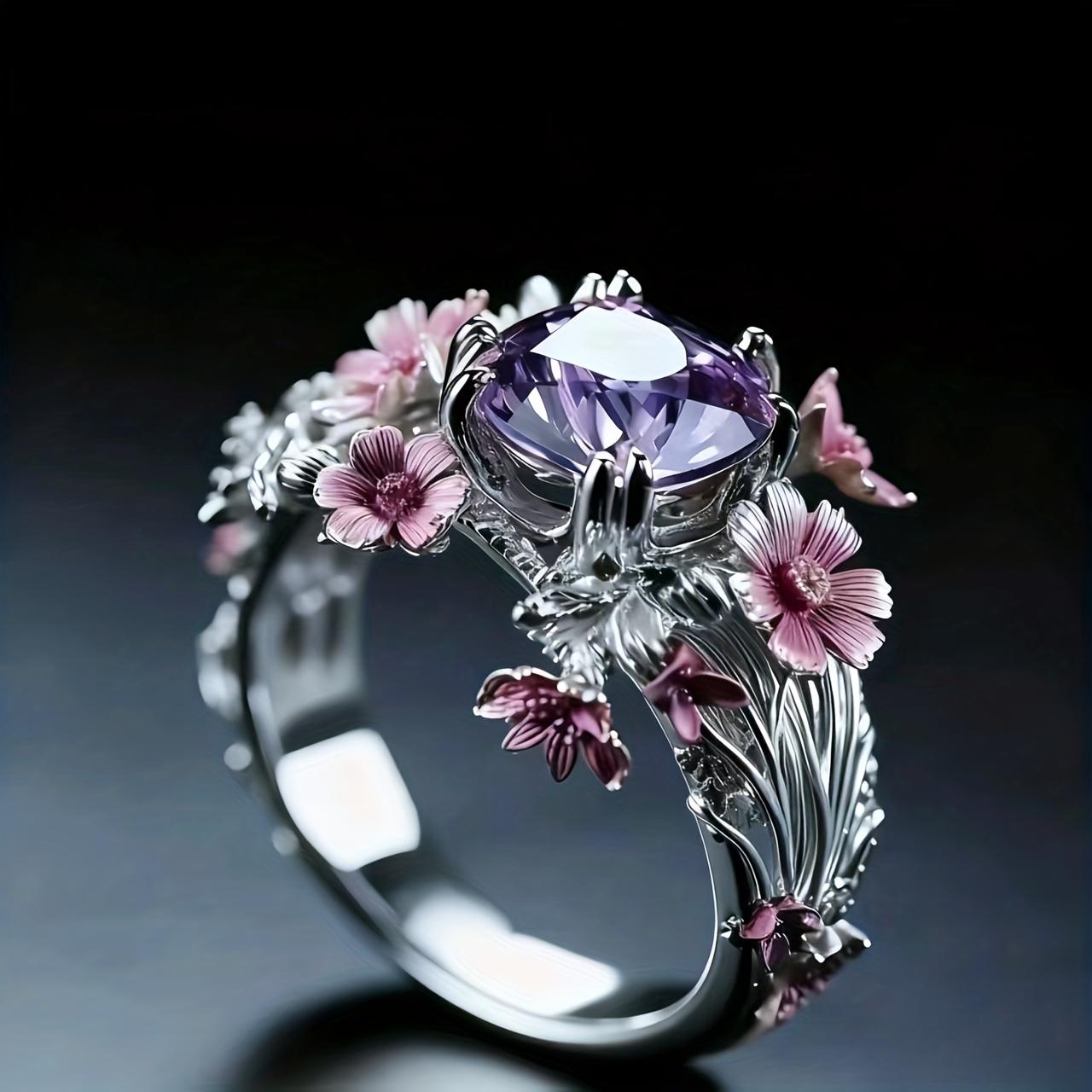 Silver floral ring with pink floral