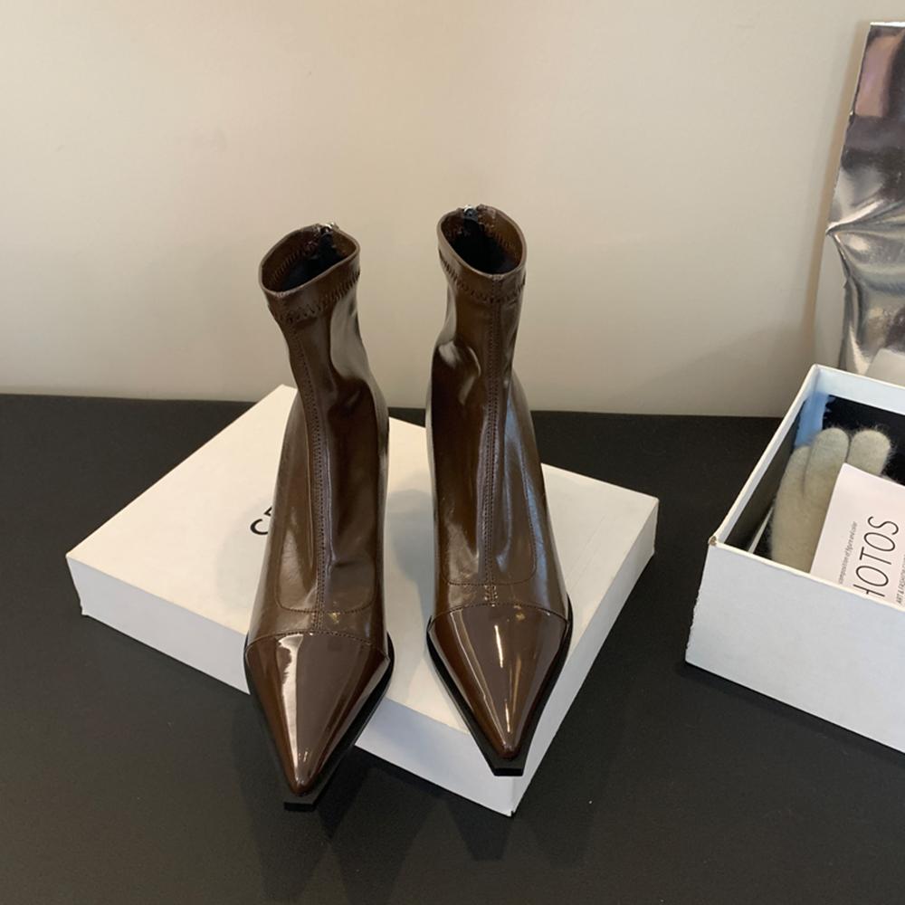 Fashion Black Silver Brown Women Ankle Boots Pointed Toe Short Sock Booties Thin High Heels Back Zipper Solid Color Fashion Dress Shoes