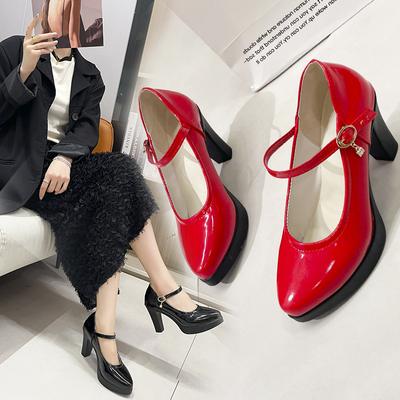 Zapatos de tacón alto con plataforma para Mujer, zapatos negros sólidos con hebilla a la moda, zapatos impermeables de cuero PU para Mujer