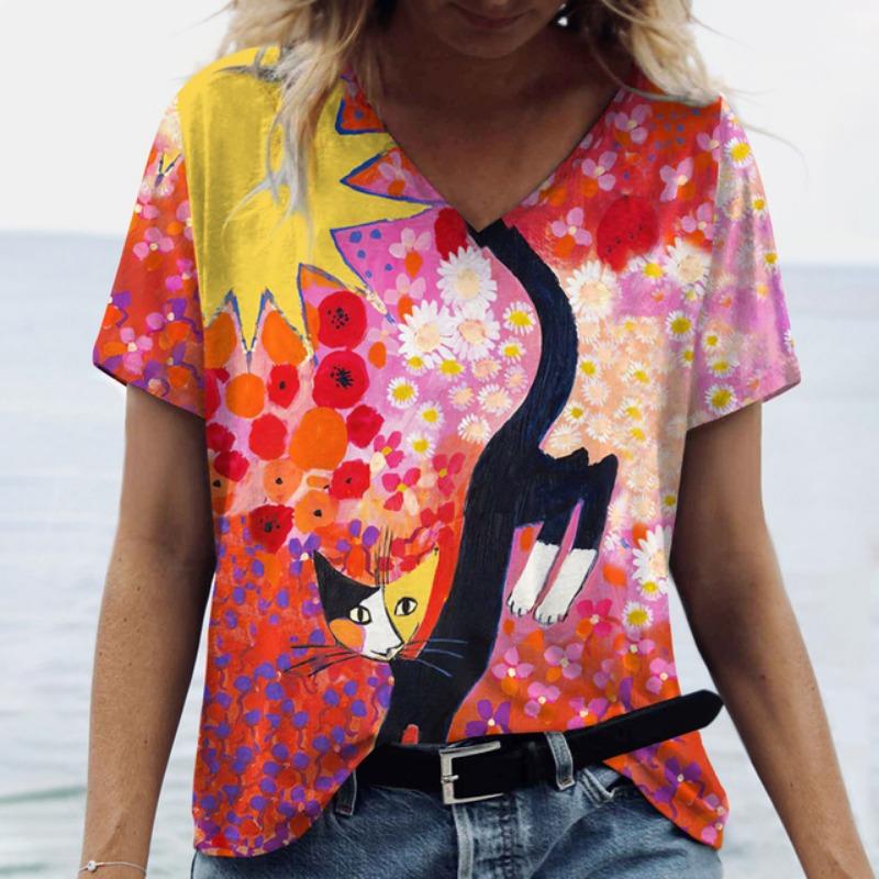 

Летняя футболка с 3D-принтом с мультяшным котом, женская уличная одежда, повседневные футболки, топы Y2k, женские футболки Harajuku с V-образным вырезом, свободная одежда XL