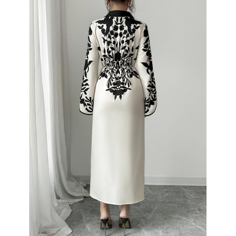 Women s Autumn/Winter Elegant French Floral Print Cross Neck Slit Long Dress Large