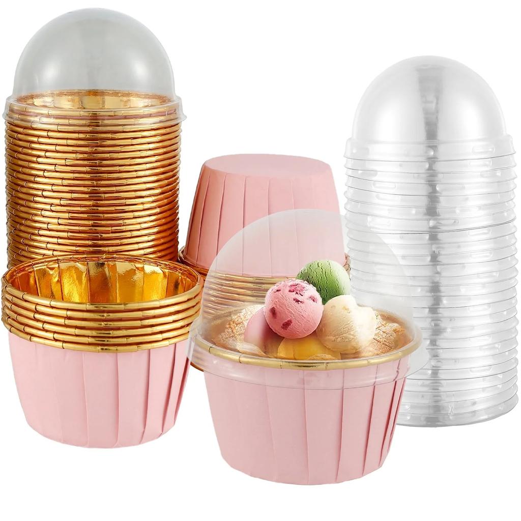 Aluminum Foil Cupcake Liners With Lids, 50 Pcs 5.5 Oz Round Cake Cup Ramekins Muffin Liners For Home Kitchen