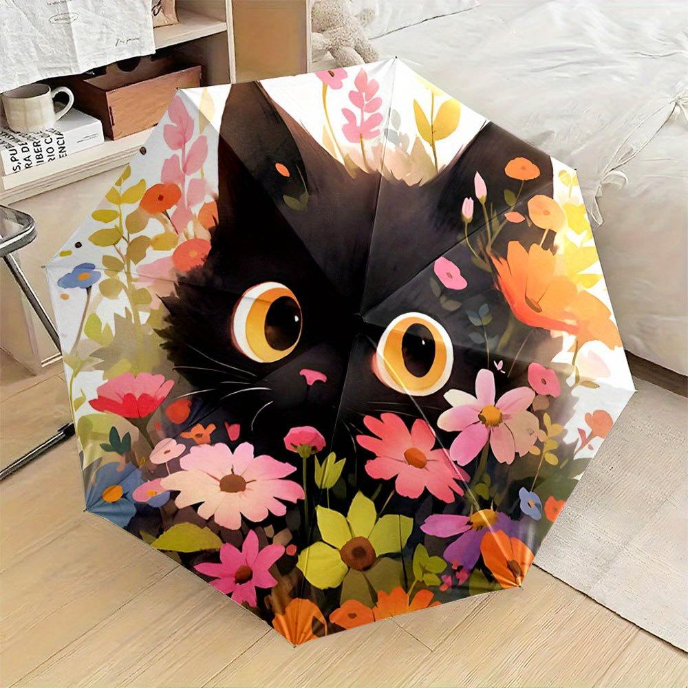 

Automatic Open/Close Folding Umbrella with Wide-Eyed Black Cat & Floral Pattern - Compact Travel Umbrella, Sturdy 8-Rib Shaft, Iron&8K