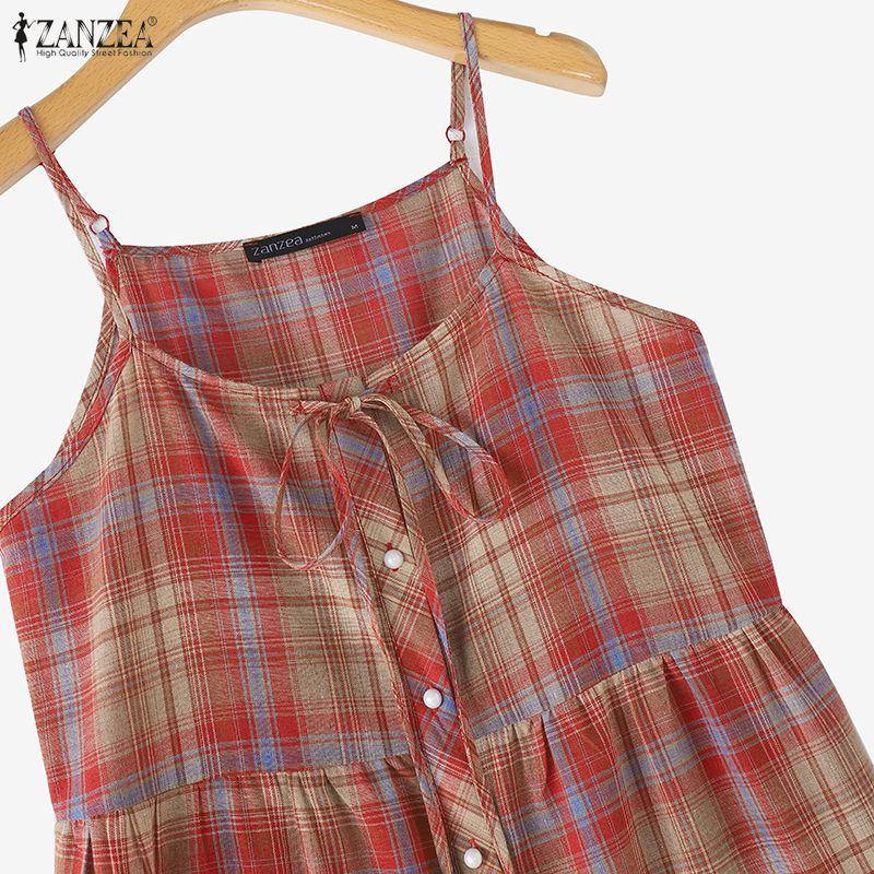 ZANZEA Women Plaid Print Summer Casual V-Neck Sleeveless Straps Camisoles Dresses