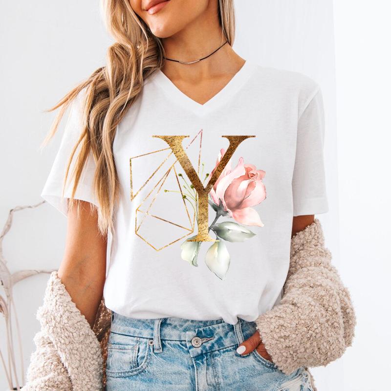 Pink Flower Letters Az Print Tshirt 26 Alphabet Unisexs Vneck Tshirt Flower Letter A B C D Short Sleeve Female Tees Tops