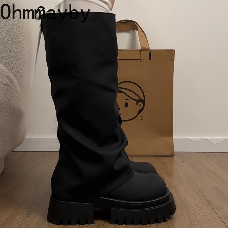 Punta Redonda Plataforma Gruesa Moda Caballero Mujer Slip-on Aumento de Altura Botines Largos Femeninos para Mujeres Adultas