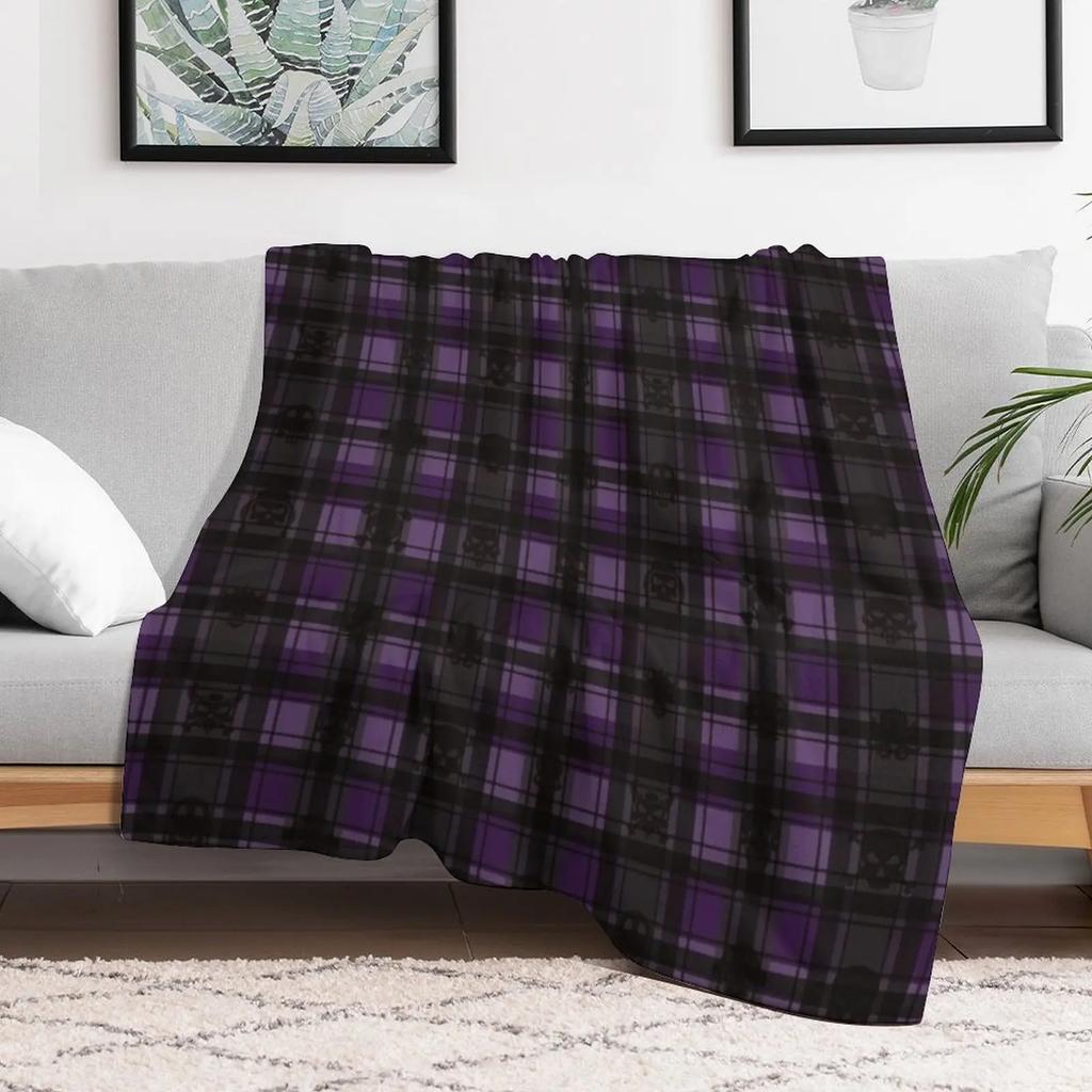 Purple Gothic Skull Plaid Throw Blanket Stylish Warm Blanket for Living Room Bedroom