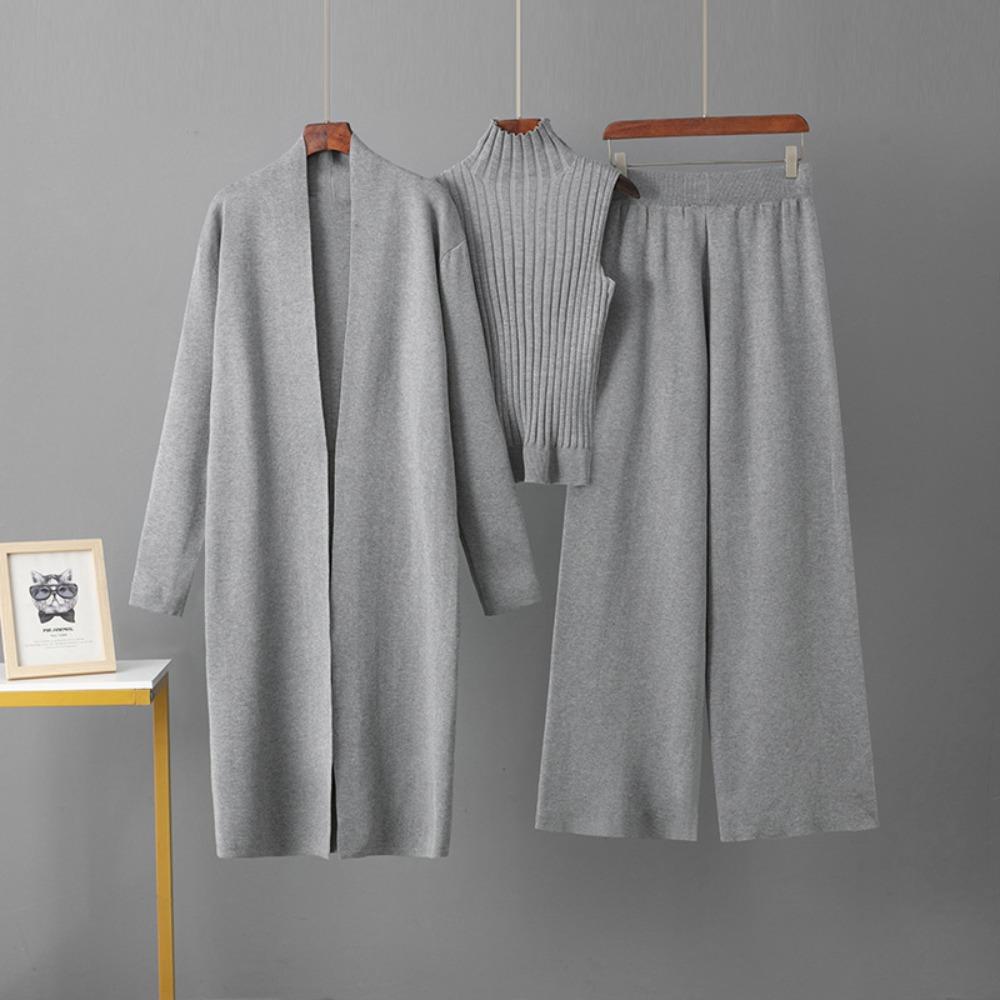 

Fashion Solid Color Casual Suit Women s Shawl Jacket Cardigan + Sleeveless Vest Bottoming Sweater + Wide-leg Trousers Three-piece Suit One size сірий