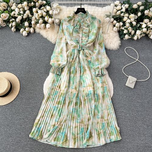 

Осенние платья для женщин, винтажное шифоновое платье с цветочными оборками, женское темпераментное плиссированное платье макси One Size зелёный