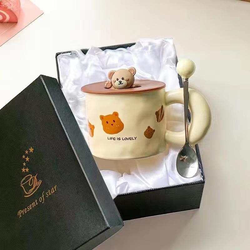 French milk fufu bear mug with lid spoon girls household cute ceramic cup couple breakfast coffee cup