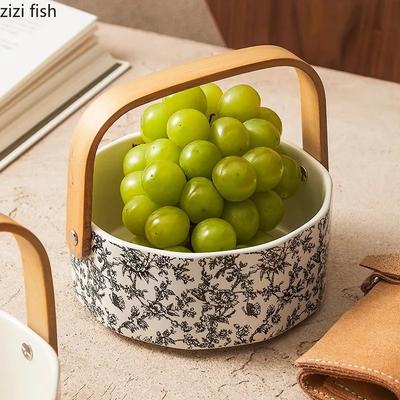 Piatto da frutta a bordo dritto con manico creativo in bambù e legno, piatto retrò per frutta secca, piatto per pane e snack, stoviglie speciali in ceramica