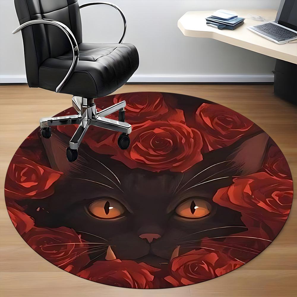 1pc Black Cat Roses Chair Carpet for Office, Round Non Slip Durable Large Size Office Carpet, Suitable for Office