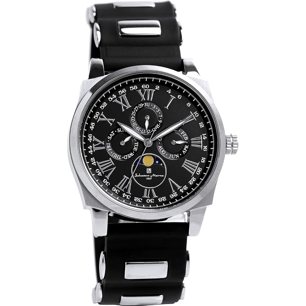 Salvatore Marra Moon Phase Multi-Calendar Men's Watch 5 ATM Water Resistant Rubber Strap Black Silver SM22105R-SSBK