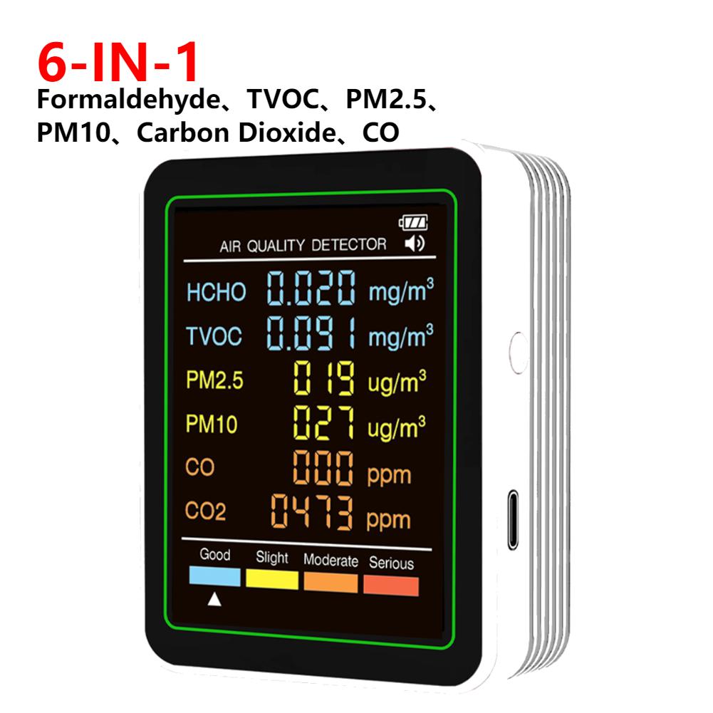 6-in-1 Air Quality Meter Real-Time CO2 Tester HCHO Detector for Home Cars Plants