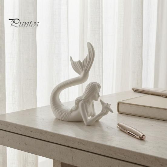 Literary Style Room Decor 3D Printed Mermaid & Starfish Figurine, Exquisite Sculpture, Ocean Small Statue for Bay Window Theme Desktop Ornament