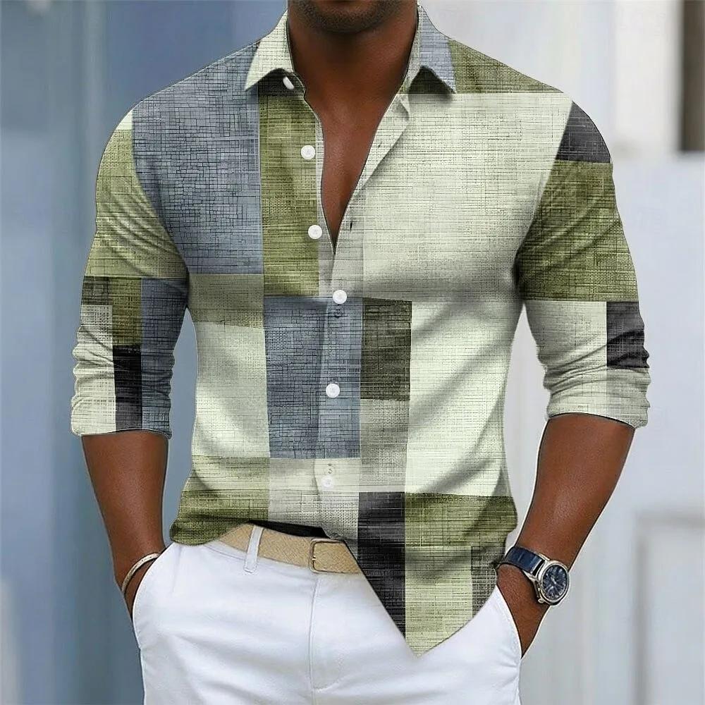 

Men s Geometric Color Block Grid Plaid Patterns Shirt Button Up Shirts Long Sleeve Fashion Casual Fall 3D Print Collared Shirt 3XL світло-зелений колір