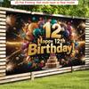 2D Happy 12th Birthday Photography Backdrop with Gold Glitter, Balloons and Fireworks Decor