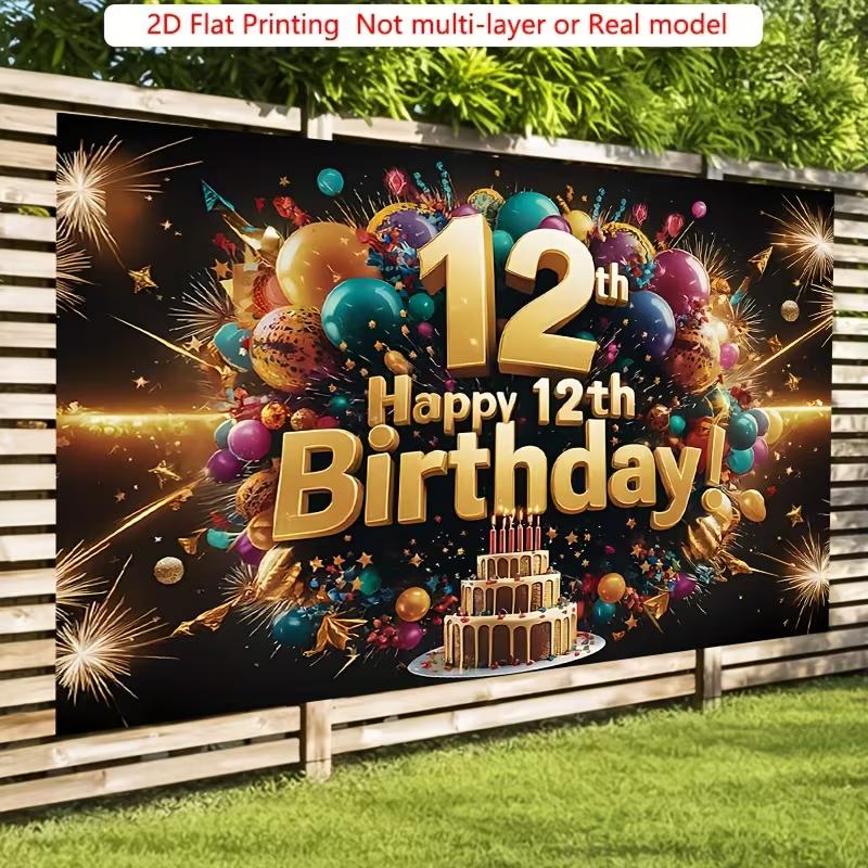 2D Happy 12th Birthday Photography Backdrop with Gold Glitter, Balloons and Fireworks Decor